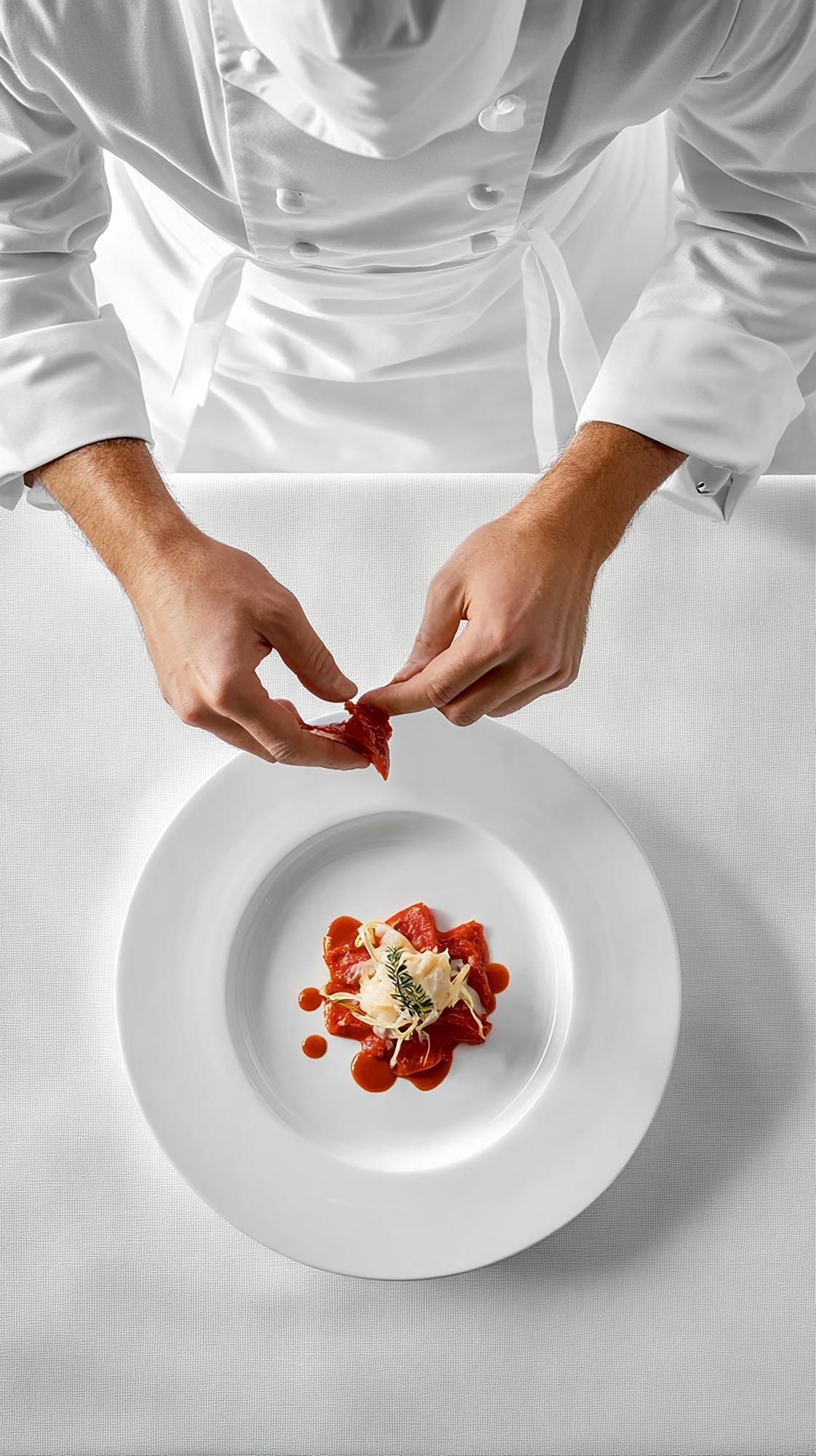 Chef che prepara un piatto in laboratorio di cucina